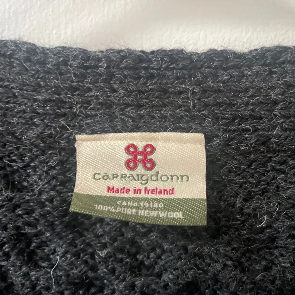 Carraig Donn Fisherman 100% Irish Wool Charcoal Gray Cardigan Sweater Vest Sz L